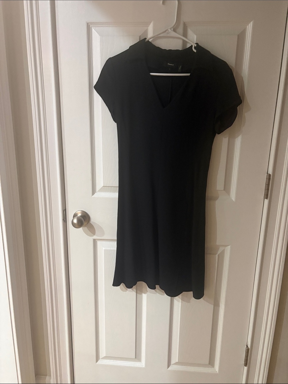 Theory Black V-Neck Short-Sleeve Mini Dress Sandro mini dress with flared skirt